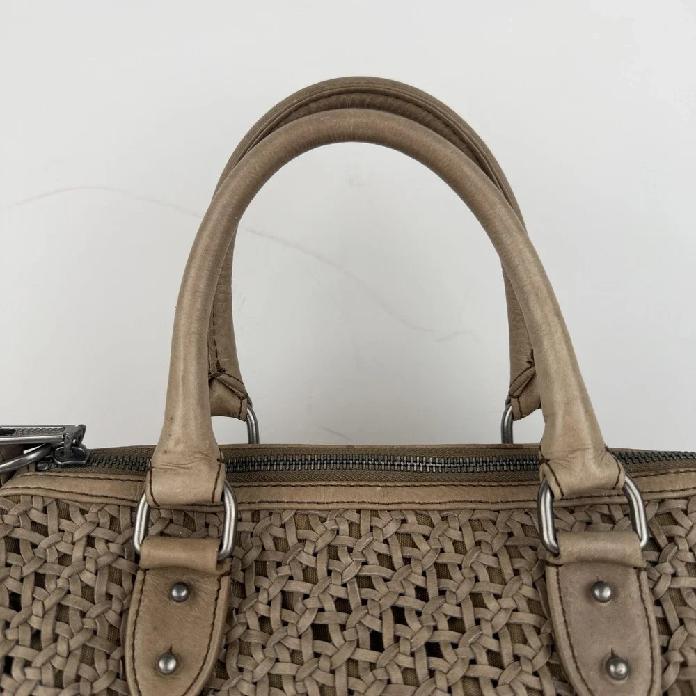 Rebecca‎ Minkoff Satchel Bag Womens Taupe Woven Leather Top Handle Handbag